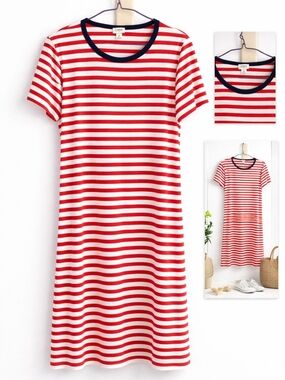 J. Crew Red and White Striped Tee Dress with Navy Trim